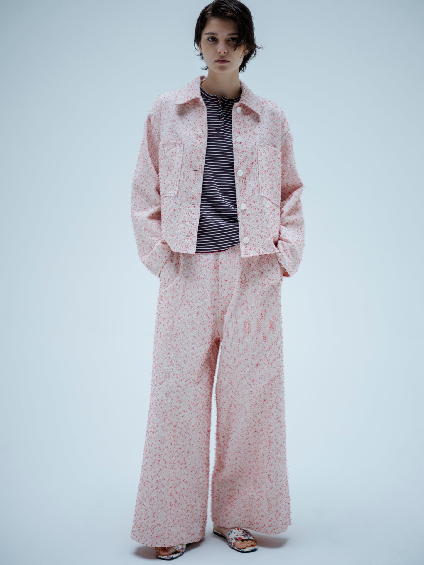 NEEDLE PUNCH DENIM SIDE LINE WIDE PANTS