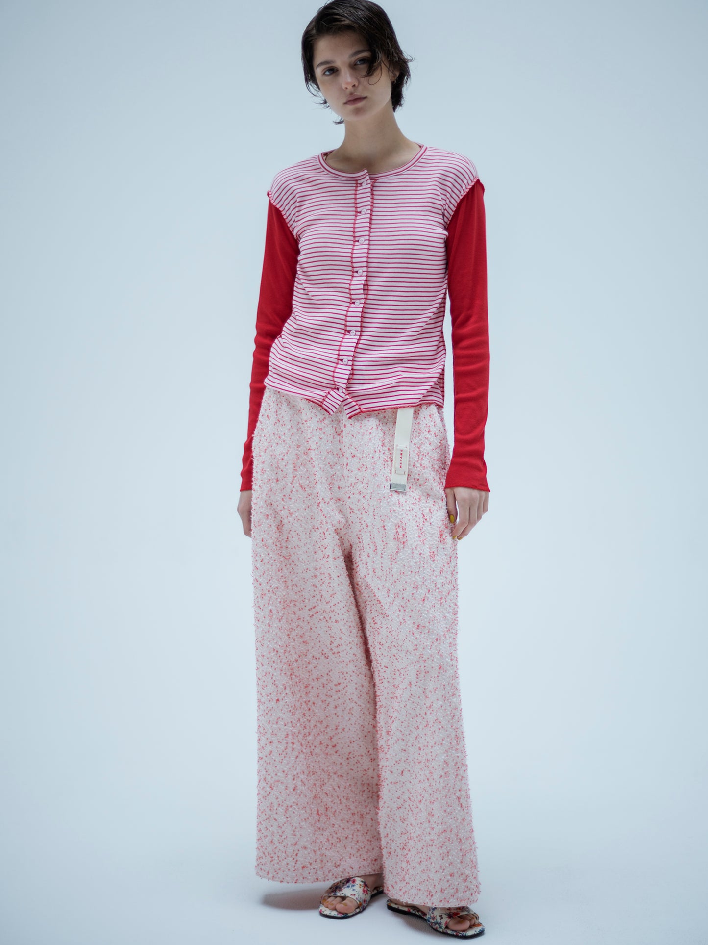 NEEDLE PUNCH DENIM SIDE LINE WIDE PANTS
