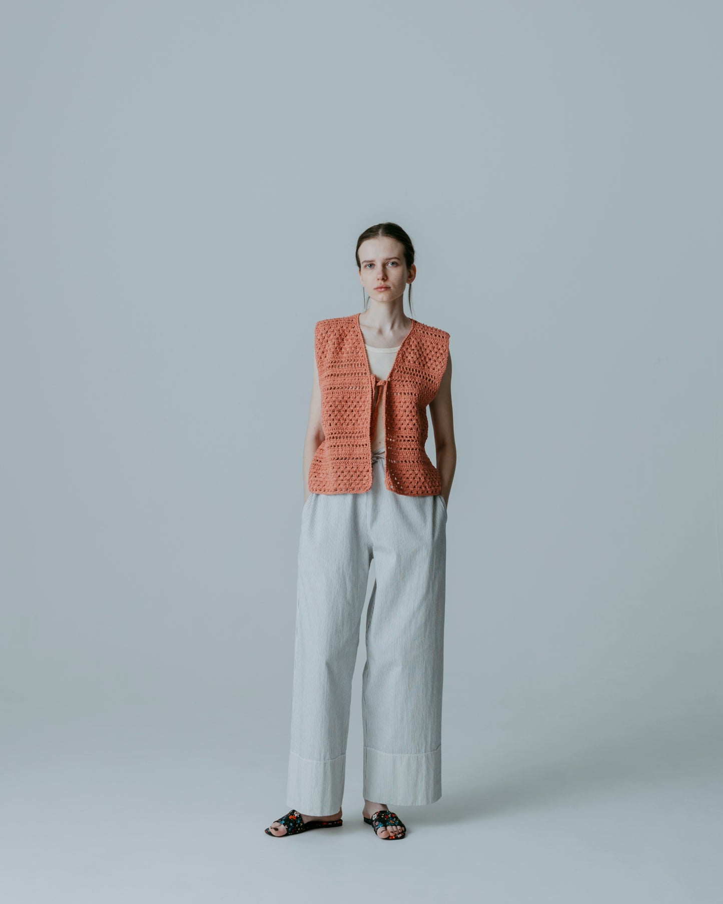 STRIPED WAIST COAD WIDE PANTS