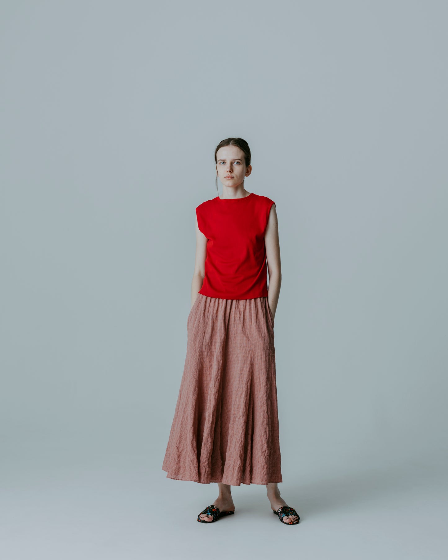 GINGHAM CHECK PLEATED FLARE SKIRT