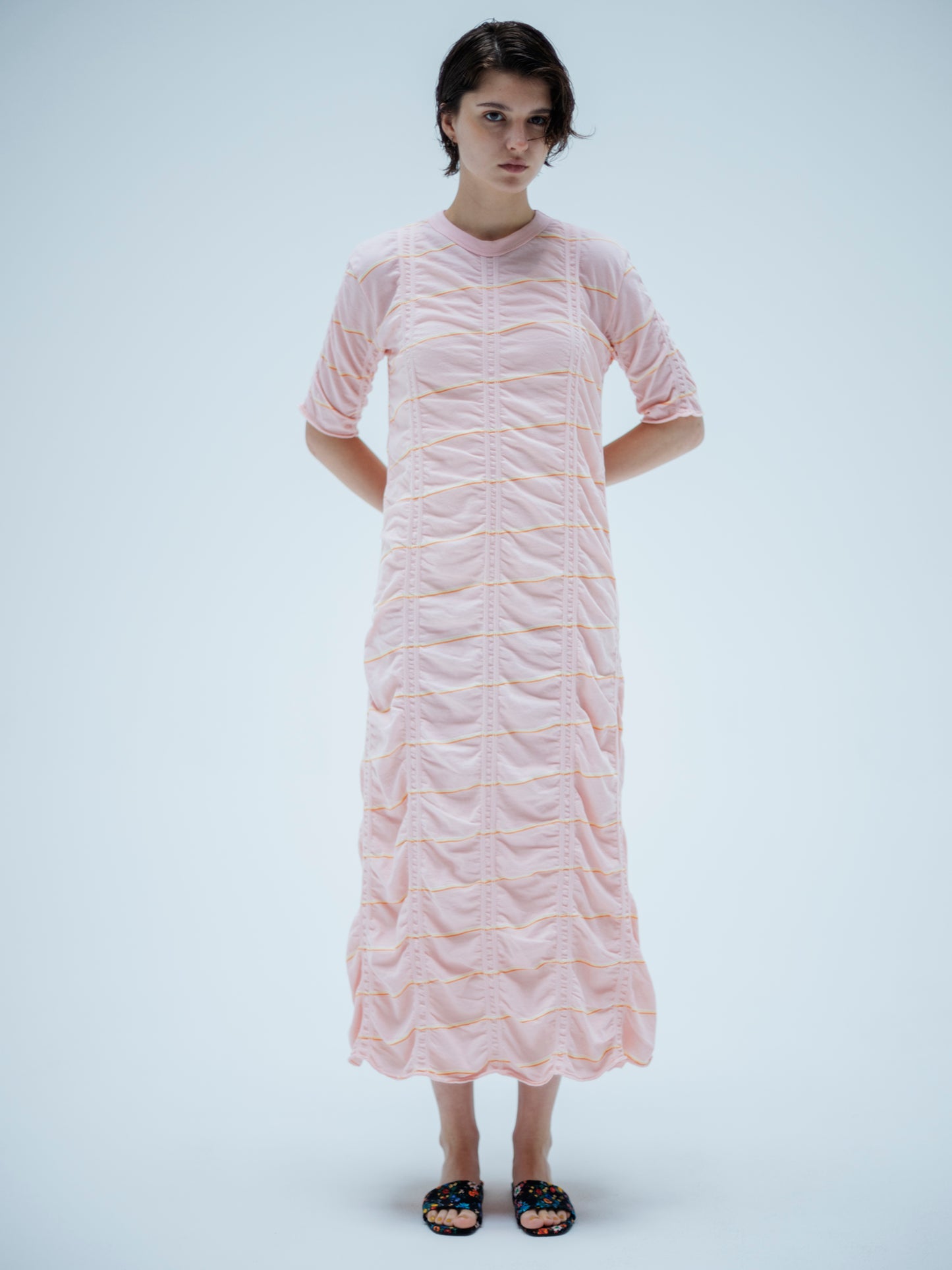 TUCKED JACQUARD BORDER HALF SLEEVE DRESS