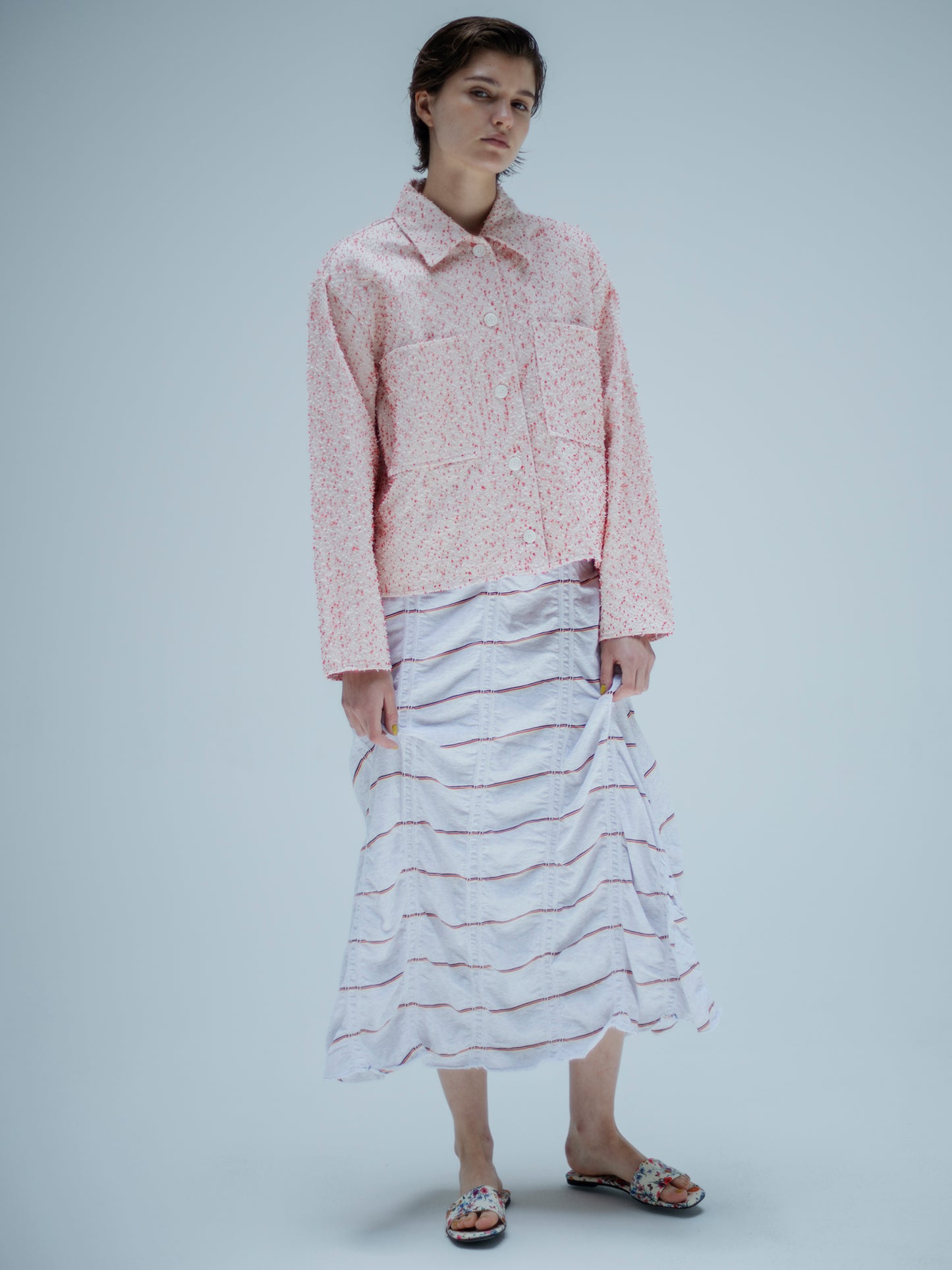 TUCKED JACQUARD BORDER HALF SLEEVE DRESS