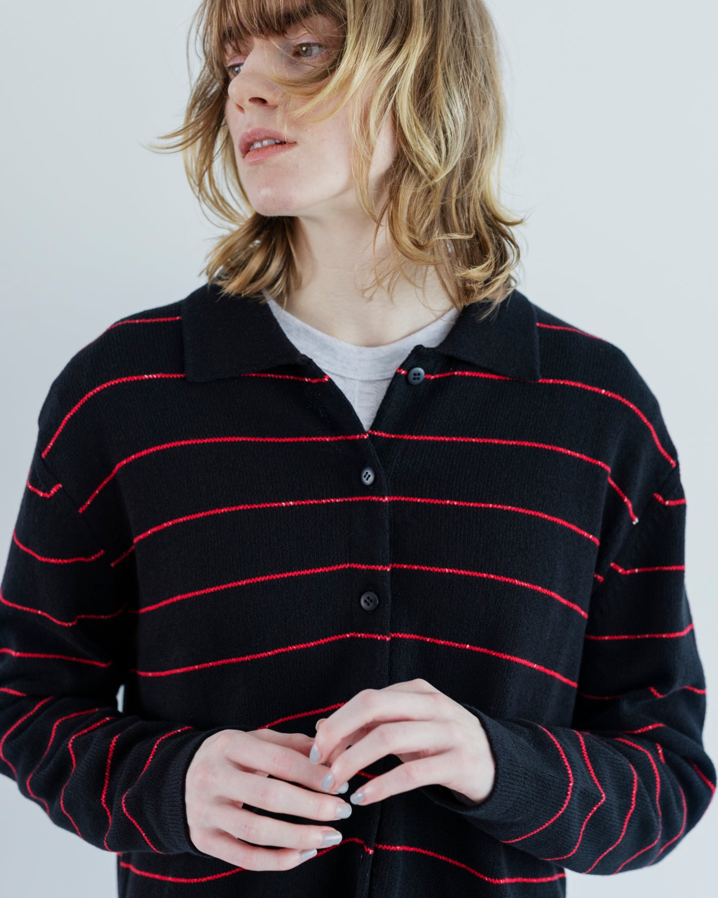 BORDER COTTON KNIT CARDIGAN