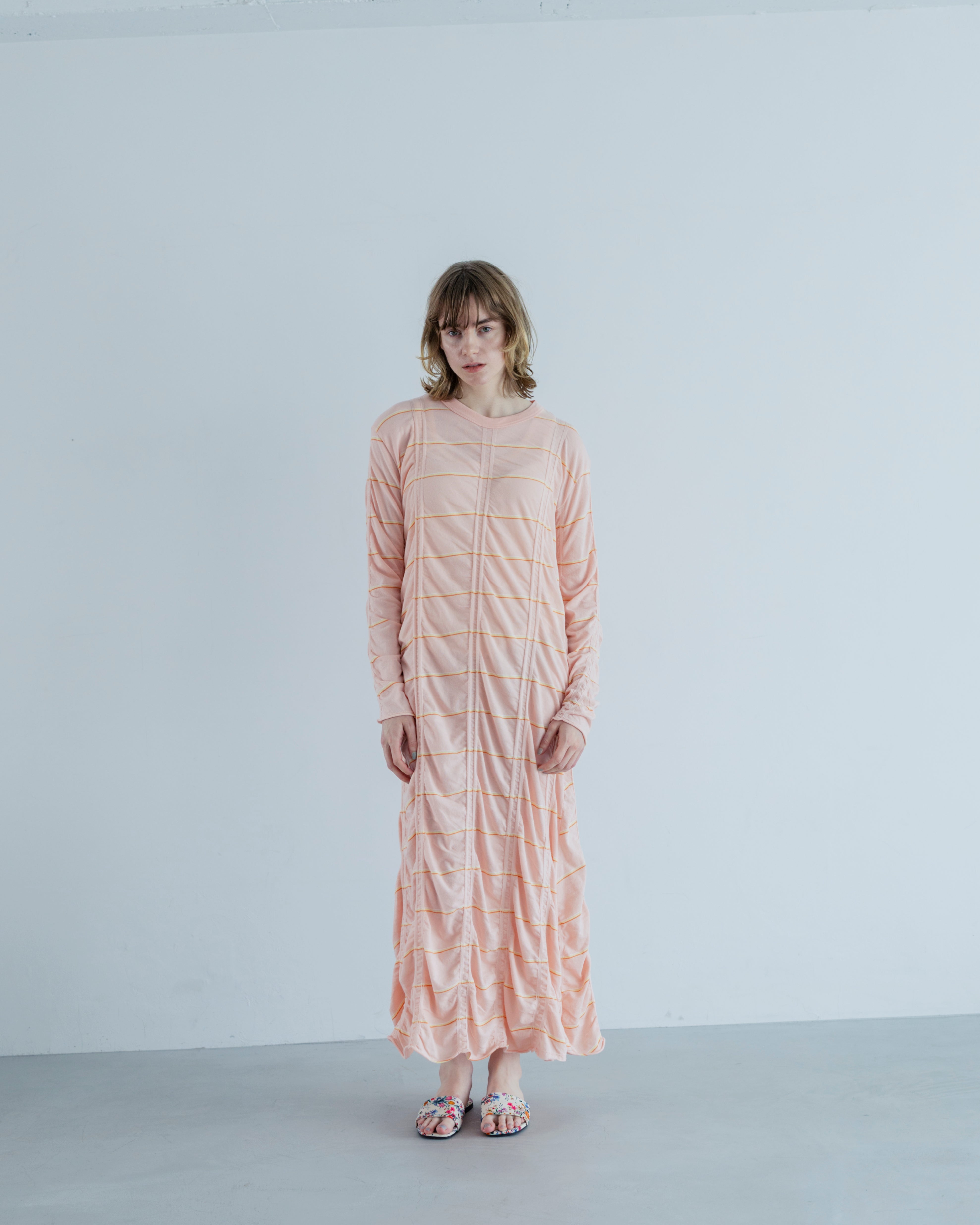 ワンピース meyame TUCKED JACQUARD BORDER ONEPIECE NEW COLOR / PINK】TUCKED JACQUARD BORDER DRESS – MEYAME